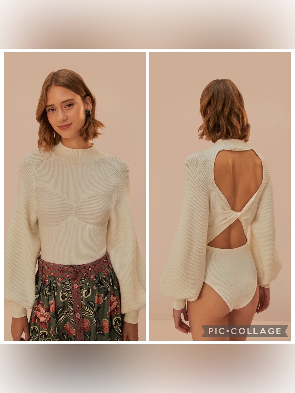 FARM‎ Rio Off White Ribbed Knit Puff Sleeve Twist Back Bodysuit Sz. L